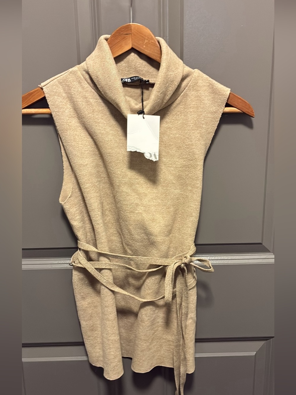 Zara Sleeveless Turtleneck Knit in Light Beige with Self-Tie Belt